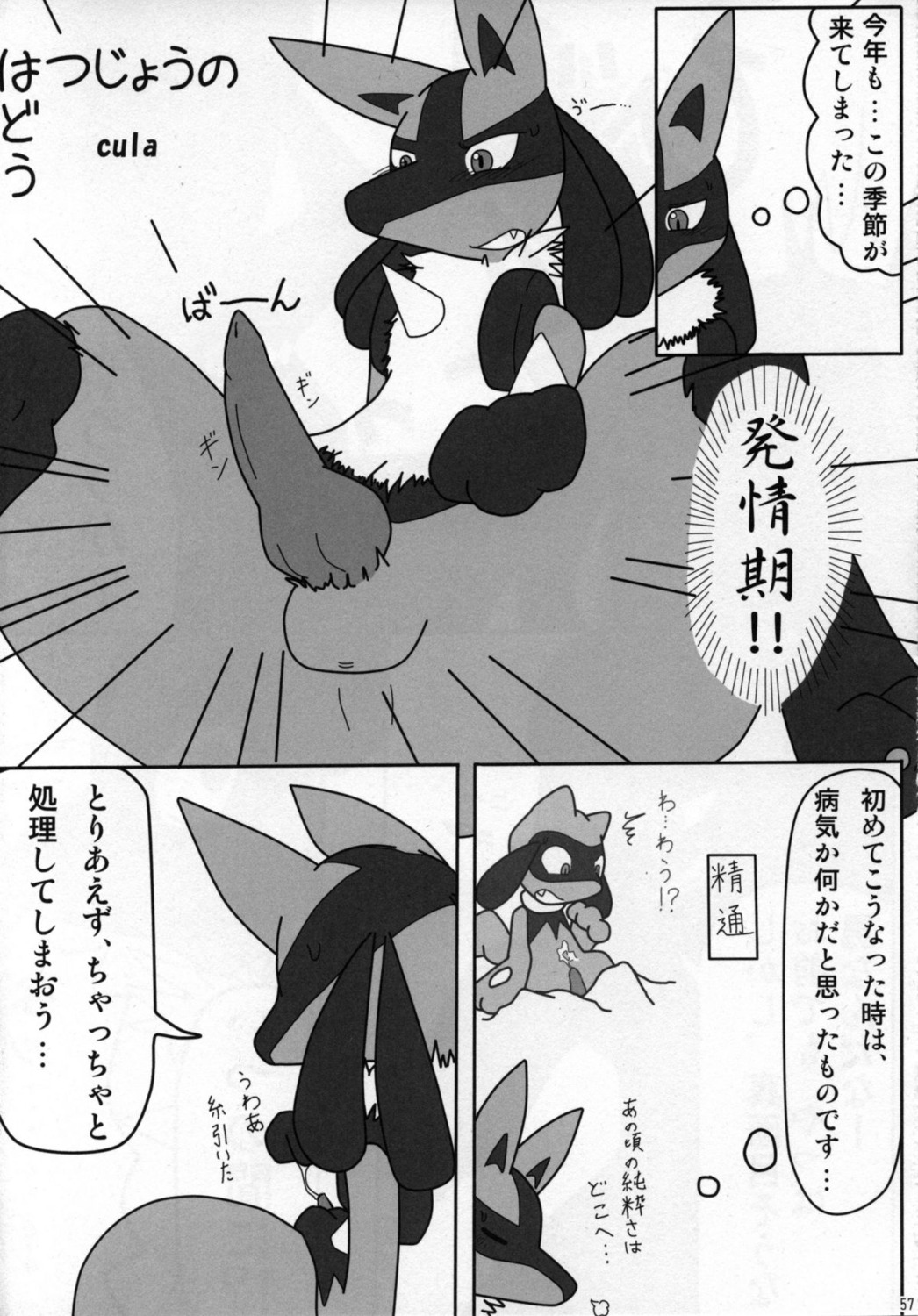 anthro balls blush bodily_fluids canid canine comic cula cum dialogue e621 erection fur generation_4_pokemon genital_fluids genitals greyscale hi_res japanese_text knot level_difference lucario male mammal monochrome nintendo penetration penis pokemon pokemon_(species) riolu solo text third-party_edit translation_request young young_anthro young_male