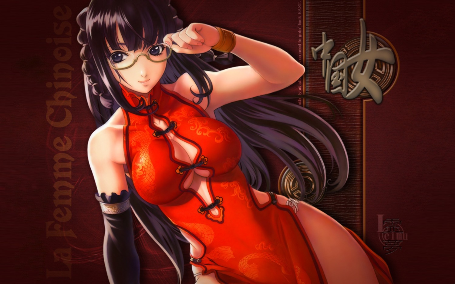 1girls black_hair breasts china_dress chinadress chinese_clothes cleavage cleavage_cutout eiwa female glasses highres long_hair original purple_eyes rule34 solo wallpaper