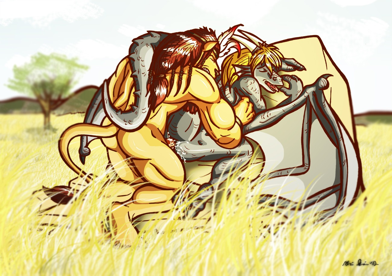 2012 anal anal_penetration anthro balls biceps big_muscles chieftain claws cloud dragon duo e621 erection felid field from_behind_position genitals interspecies larathen lion male male/male male_penetrated male_penetrating male_penetrating_male mammal muscular muscular_male mythological_creature mythological_scalie mythology outside pantherine penetration penis rock savanna scalie sex sidern_brethencourt sky tail tribal