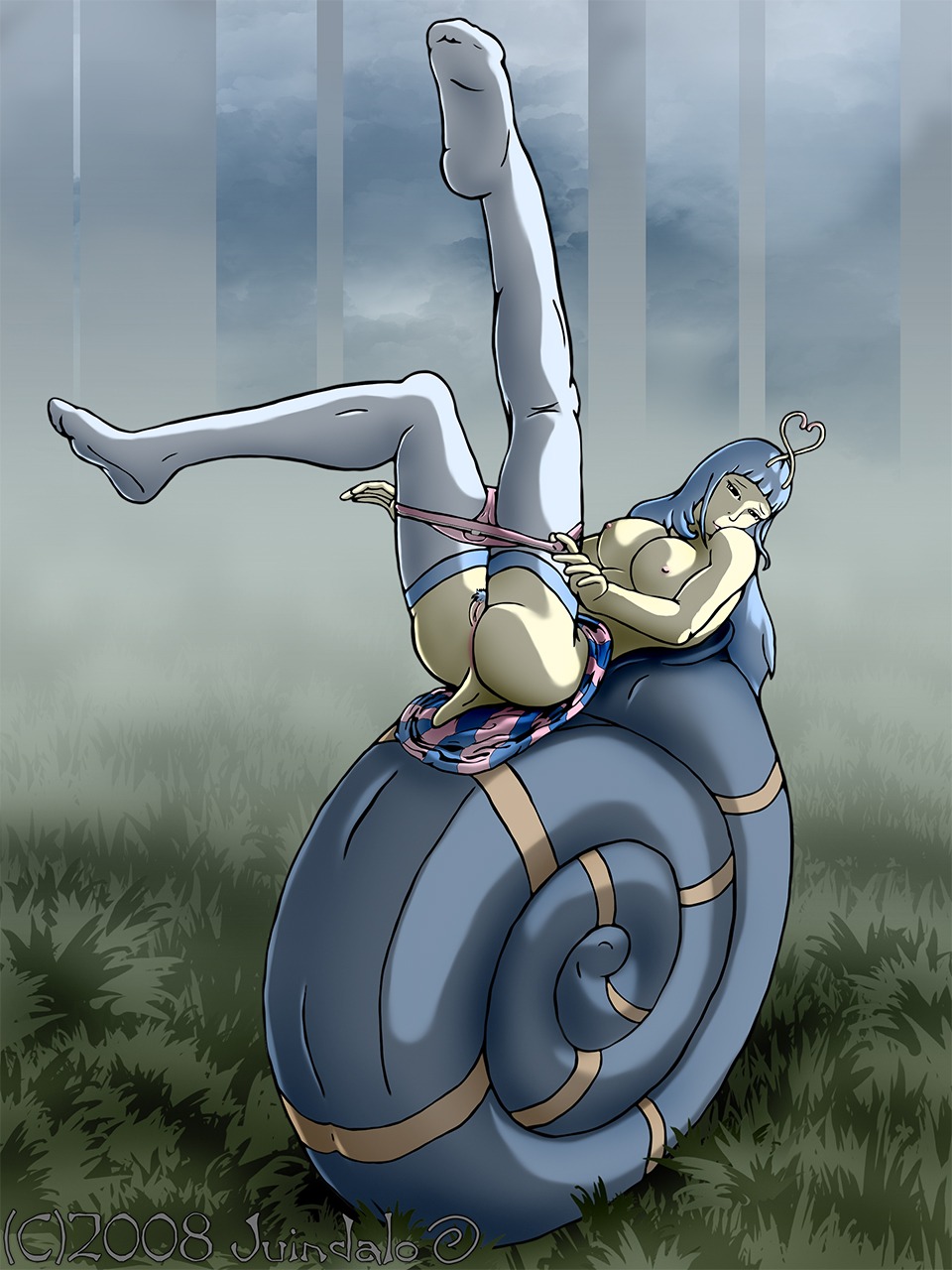 2008 antennae blue_hair breasts clothing female hair heart juindalo legs_up nude on_back outside panties panties_down pubic_tuft pussy rule34 shell short_tail snail solo tail underwear undressing what