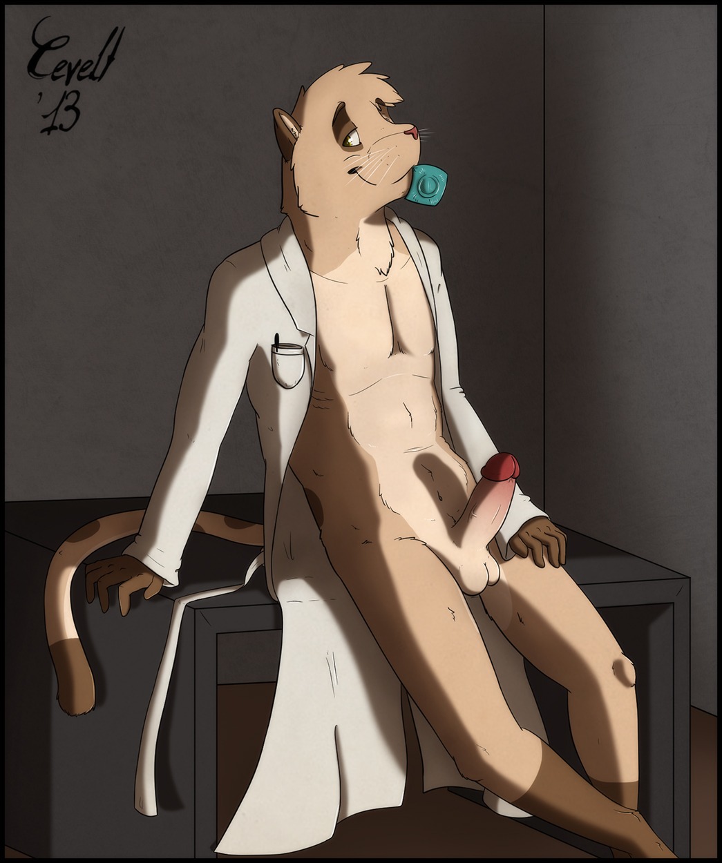 2013 anthro balls cevelt clothing coat condom condom_in_mouth e621 erection felid fur genitals hi_res humanoid_genitalia humanoid_penis lab_coat male mammal mouth_hold object_in_mouth penis sexual_barrier_device solo tan_body tan_fur topwear unused_condom wrapped_condom yellow_eyes