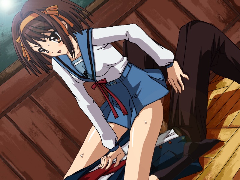 breasts brown_hair censored clothed_sex clothing female female_on_top miyanose_you pham_(artist) rule34 school_uniform skirt small_breasts suzumiya_haruhi suzumiya_haruhi_no_yuuutsu