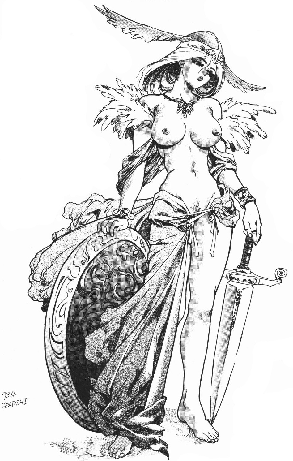 1990s 1993 20th_century breasts dated female female_only front_view helmet isutoshi light_skin monochrome mythology norse_mythology public_domain rule34 shield signature solo standing straight_hair sword tagme valkyrie valkyrie_(lov)