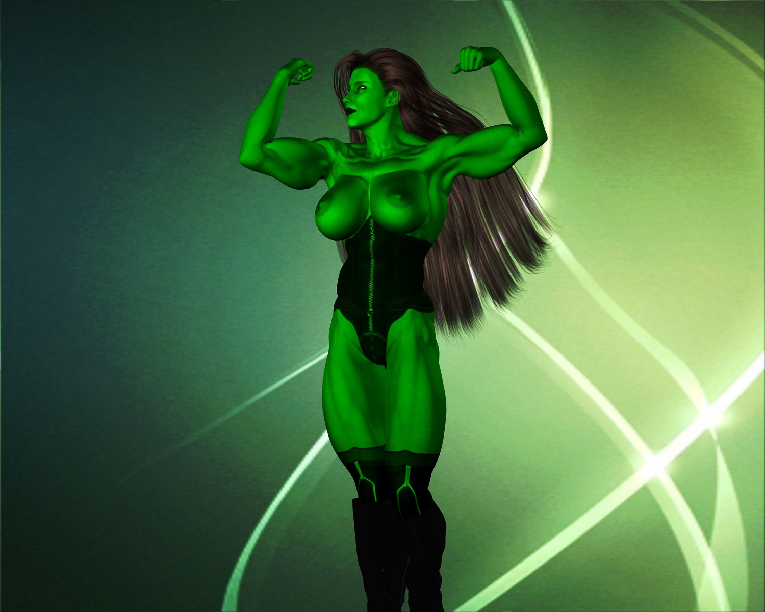 1girls 3d 3d_(artwork) avengers big_breasts big_triceps black_hair blush breasts corset female female_only flexing_both_biceps green_skin hulk_(series) marvel marvel_comics muscles muscular muscular_female nipples rule34 she-hulk solo thigh_boots unknown_artist