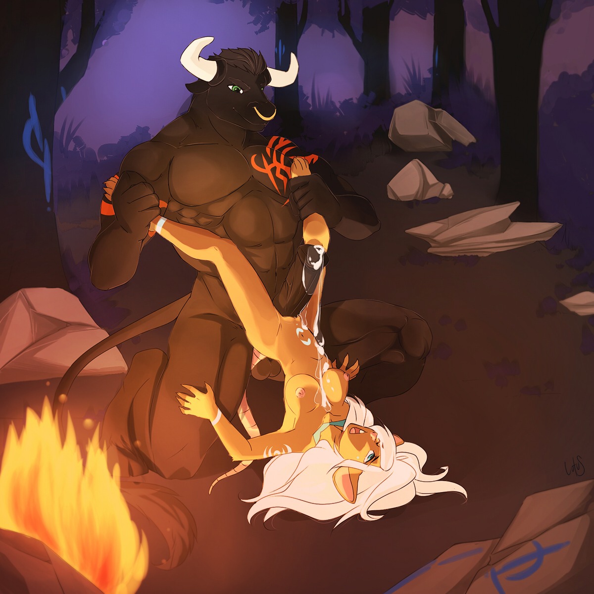 1:1 abs anthro black_body black_fur bodily_fluids bovid bovine breasts cum detailed_background dominant duo e621 erection facial_piercing female fire forest fur genital_fluids genitals green_eyes hair hi_res horn hunter_auroch kneeling larger_dom larger_male leaking leg_grab legs_up lotusgarden lying male male/female mammal markings mouse murid murine muscular night nipples nose_piercing nose_ring nude on_back on_ground orgasm outside pecs penis piercing plant precum ring_piercing rodent septum_piercing size_difference smaller_female tree upside_down vulva white_hair