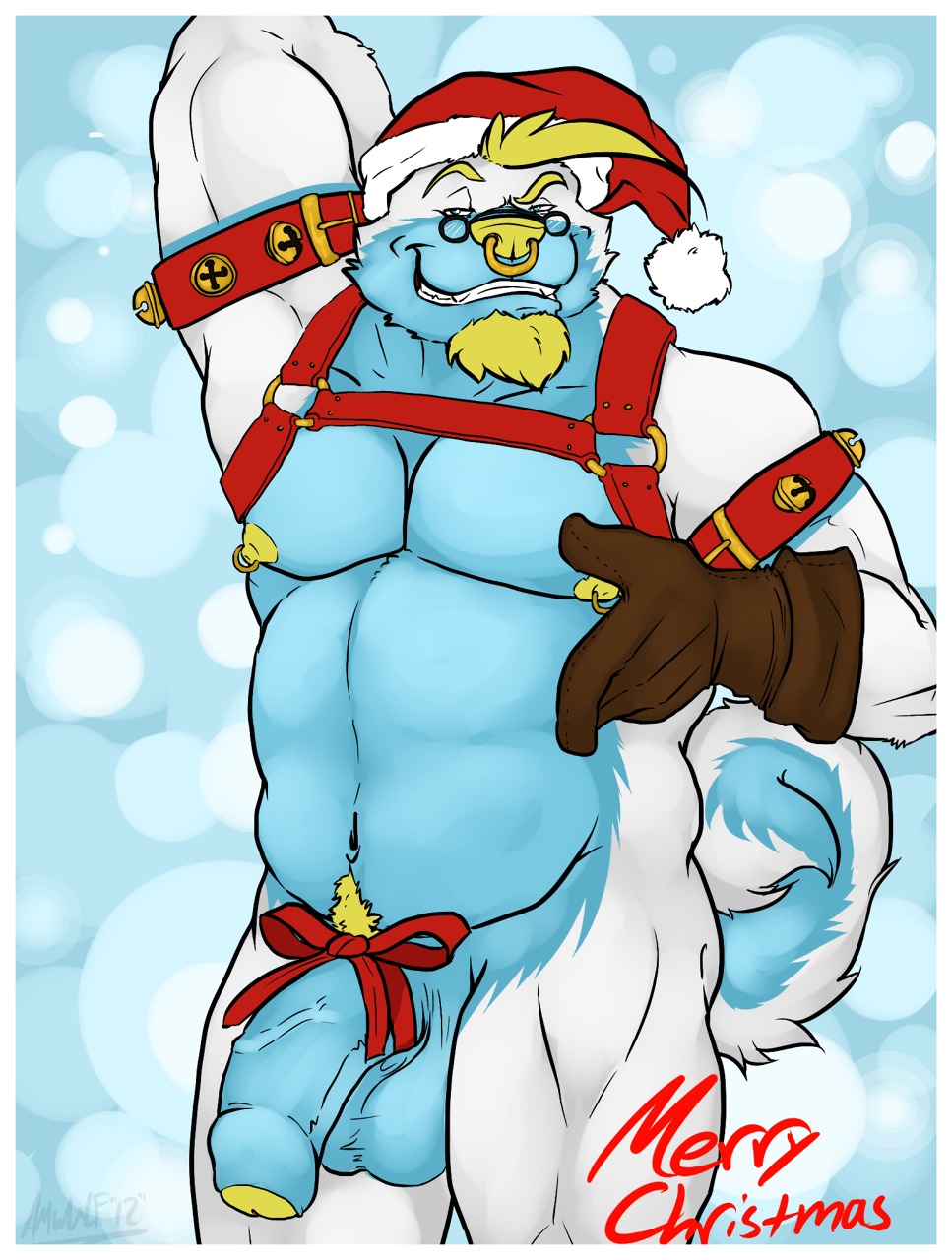 ammy amwulf anthro balls beard bell biceps big_muscles biped blonde_hair blue_body blue_eyes blue_fur blue_penis body_hair border canid canine canis christmas dialogue e621 english_text eyewear facial_hair facial_piercing fangs flaccid foreskin fur genitals gesture glans goatee grin hair hand_gesture happy_trail hi_res holidays humanoid_genitalia humanoid_penis looking_at_viewer male mammal muscular muscular_anthro muscular_male nipple_piercing nipples nose_piercing nose_ring partially_retracted_foreskin pecs penis piercing pointing pointing_down ring_piercing septum_piercing smile solo tail teeth text white_body white_border white_fur wolf yellow_nose yellow_penis