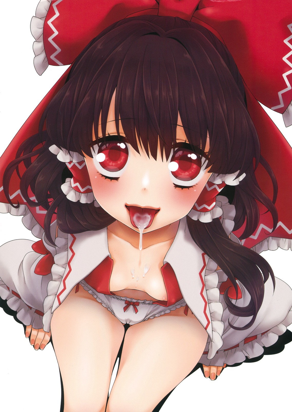 after_fellatio areola_slip areolae black_hair blush bow bow_panties breasts cameltoe cum cum_drip cum_in_mouth cum_on_tongue detached_sleeves down_blouse female female_only fingernails from_above hair_tubes hairbow highres human looking_up open_clothes open_mouth panties payot pussy red_eyes reimu_hakurei rule34 scan sitting solo touhou underwear usaki