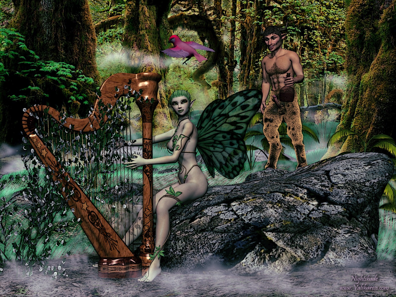 1boy 1girls body_fur body_hair erection female fog forest green_eyes green_skin hairy hairy_male half-human harp hooves horns humanoid male monster_girl nipples nude nymph penis pointy_ears rule34 satyr straight tree wine