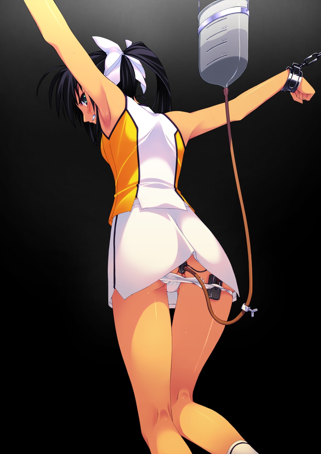 1girls anal armpit arms_up black_hair bondage buttplug buttplug_enema cheerleader cheerleader_uniform enema enema_buttplug f-ism female female_focus female_human female_only from_behind green_eyes hair_ribbon highres human human_female human_focus human_only looking_back murakami_suigun original panties restrained ribbon rule34 skirt solo solo_female solo_focus straight_hair sweat underwear vibrator white_hair_ribbon white_ribbon wrists_chained