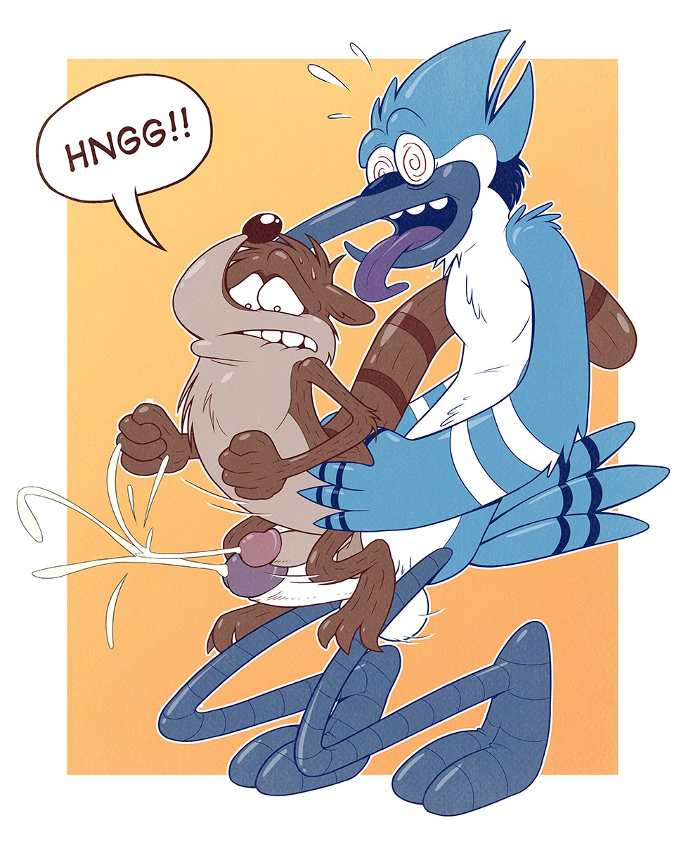 2013 2_toes 3_toes 4_fingers anthro anthro_on_anthro anti_dev avian avian_feet balls beak big_balls bird bite biting_lip biting_own_lip black_nose blue_body blue_feathers blue_jay bodily_fluids border brown_body brown_fur brown_stripes cartoon_network chest_tuft corvid countershading crouching cum cumshot dialogue digital_media_(artwork) duo e621 ejaculation english_text erection feathers feet fingers fist frottage fucked_silly full-length_portrait fur genital_fluids genitals glans gradient_background hand_on_hip hi_res hindpaw humanoid_genitalia humanoid_penis interspecies jay_(bird) larger_male lips looking_down looking_pleasured male male/male mammal mordecai_(regular_show) motion_lines new_world_jay nude open_mouth orange_background orgasm orgasm_face oscine outline passerine paws penile penis penises_touching portrait procyonid raccoon regular_show reverse_fleshlight_position rigby_(regular_show) scutes self_bite sex simple_background simultaneous_orgasms size_difference smaller_male speech_bubble spiral spiral_eyes standing standing_sex stripes sweat sweatdrop tail tail_feathers tan_body tan_fur tan_penis teeth text textured_background toes tongue tongue_out toothed_beak tuft white_balls white_body white_border white_feathers white_outline white_penis
