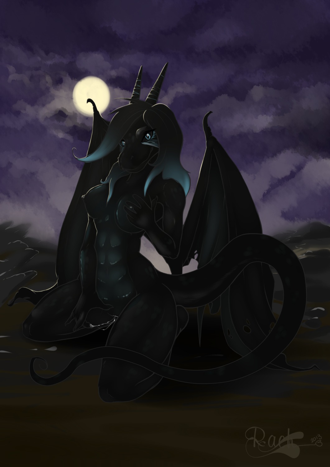2013 absurd_res after_masturbation anthro biped black_body black_hair black_scales black_sclera blue_eyes bodily_fluids breasts detailed_background dragon e621 female fingering fingering_self fondling genital_fluids genitals hair hand_on_breast hi_res holding_breast horn kneeling long_hair looking_at_viewer masturbation membrane_(anatomy) membranous_wings moon mythological_creature mythological_scalie mythology night nipples non-mammal_breasts non-mammal_nipples notched_wings nude outside rach_verity scales scalie self_fondle sleeva solo tail vaginal vaginal_fluids vaginal_masturbation vulva wings