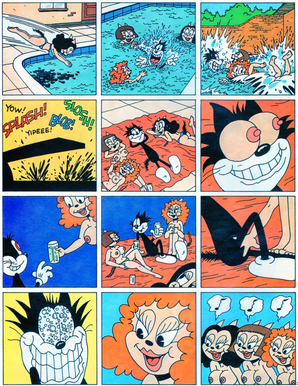 1982 absurd_res animal_humanoid anthro breasts cat_(squeak_the_mouse) cat_humanoid comic domestic_cat e621 english_text felid felid_humanoid feline feline_humanoid felis female genitals grope group hi_res humanoid male male/female mammal mammal_humanoid massimo_mattioli squeak_the_mouse swimming tail text vulva