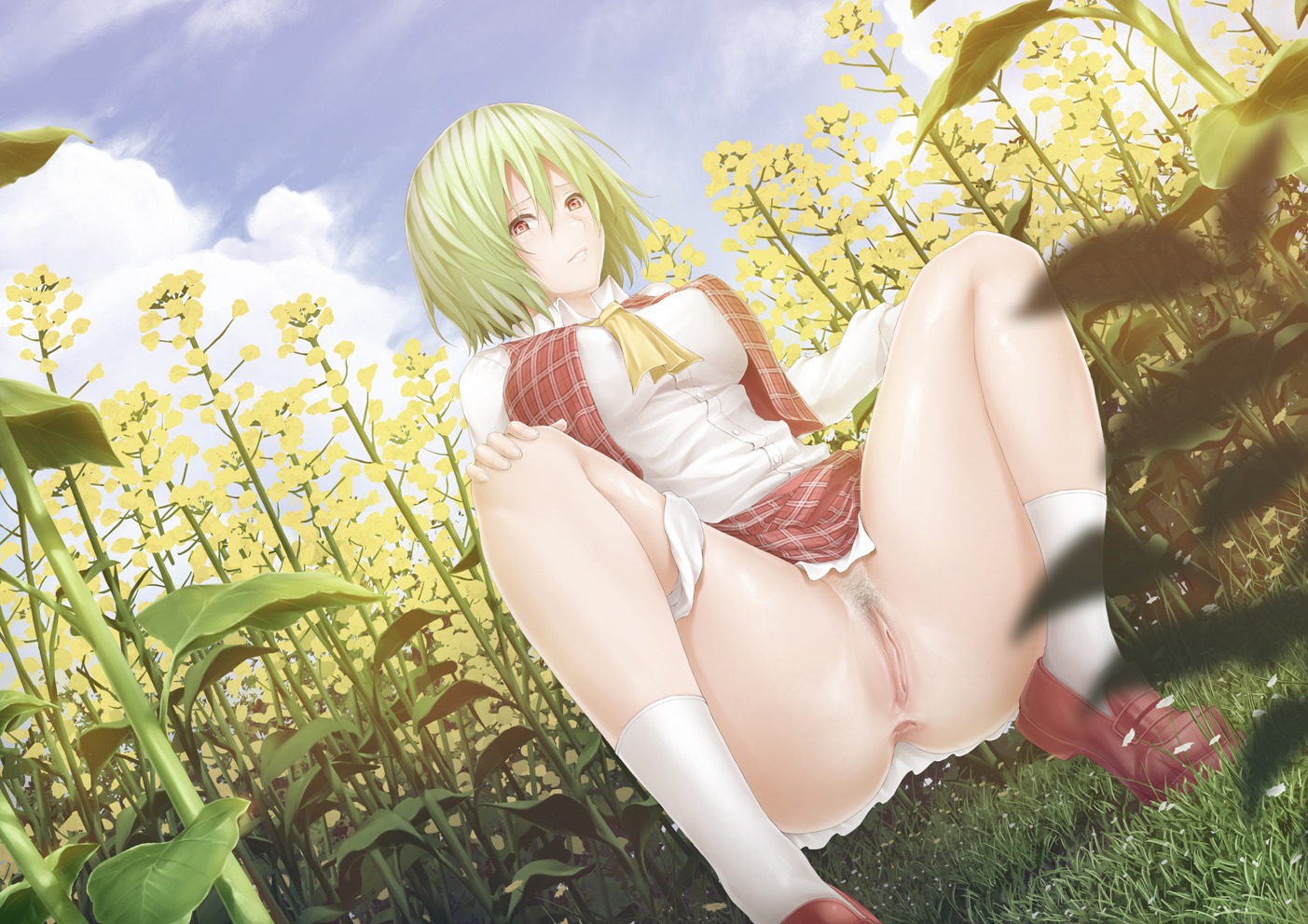 1girls anus ascot blue_sky breasts cloud female flower_field green_hair large_breasts open_vest panties panties_around_leg panties_around_one_leg pubic_hair pussy red_eyes rule34 shirt short_hair skirt skirt_lift sky solo spread_legs squatting tamamono_atae touhou uncensored underwear youkai yuka_kazami