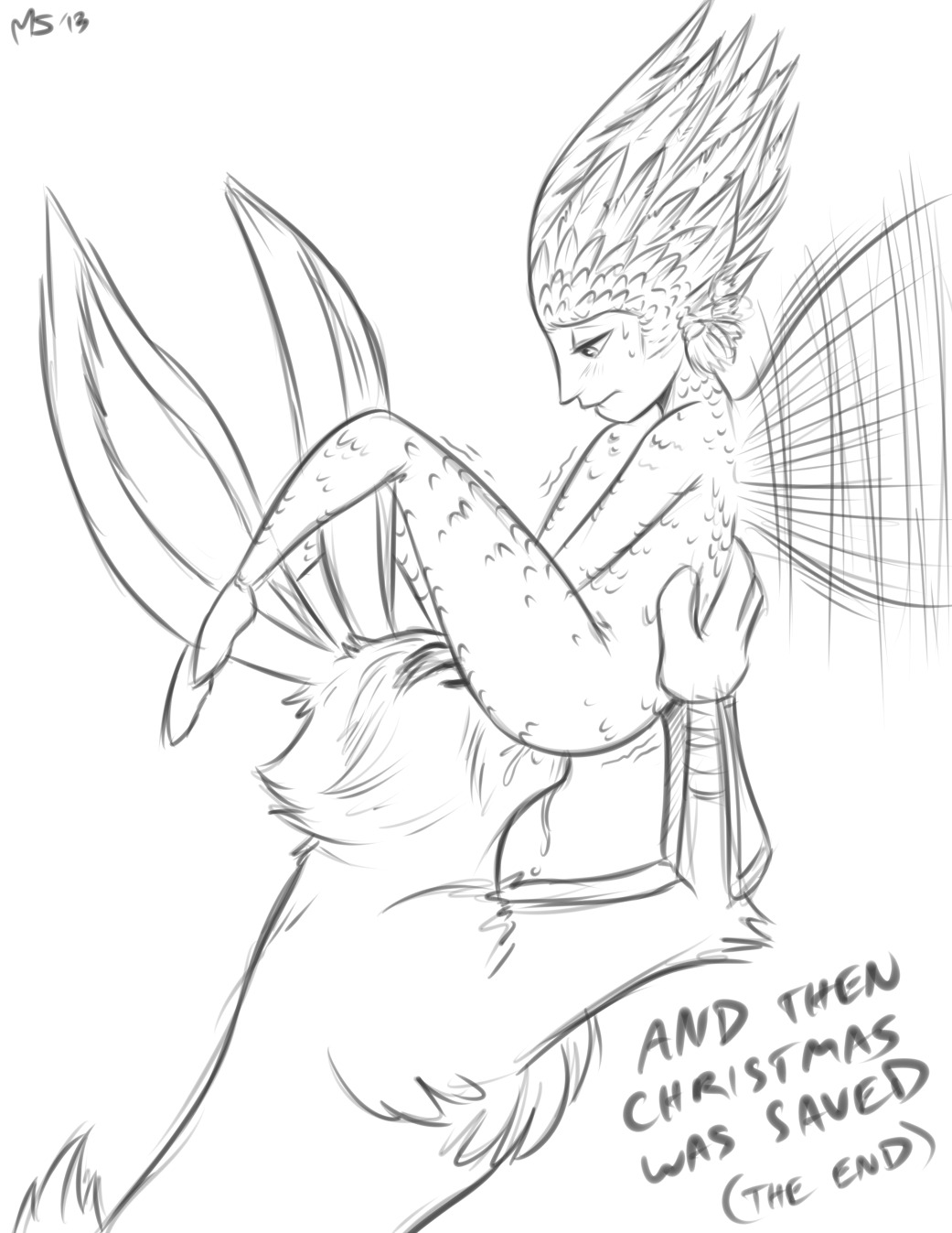 2013 anthro black_and_white cunnilingus duo e._aster_bunnymund e621 easter easter_bunny english_text female hi_res holidays hybrid lagomorph male male/female mammal megasweet monochrome oral rise_of_the_guardians sex sketch text tooth_fairy toothiana vaginal wings