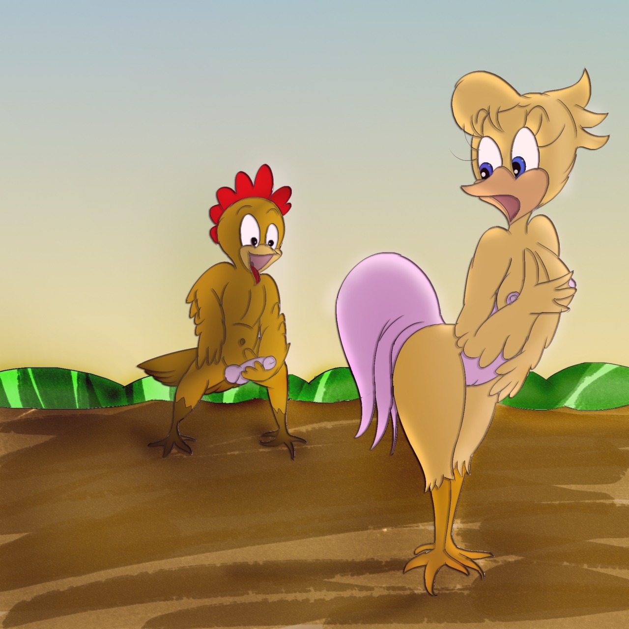 1:1 anthro avian bird breasts chicken digital_media_(artwork) duo e621 erection female galliform genitals head_crest hi_res imminent_rape imminent_sex male nipples non-mammal_breasts non-mammal_nipples nude penis phasianid teasing thespringmousestof vulva