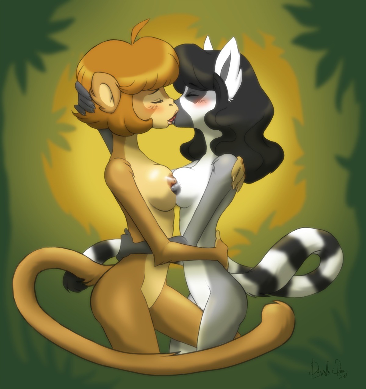 black_hair blonde_hair blush breast_squish breasts breasts_frottage brown_hair devoid-kiss duo e621 erect_nipples eyes_closed female female/female genitals grinding hair hand_behind_back hand_behind_head haplorhine hi_res hug interspecies kissing lemur long_hair long_tail mammal markings monkey nipples nipples_touching primate ring-tailed_lemur ring_(marking) ringed_tail short_hair signature slim squish strepsirrhine striped_markings striped_tail stripes tail tail_markings unavailable_at_source vulva