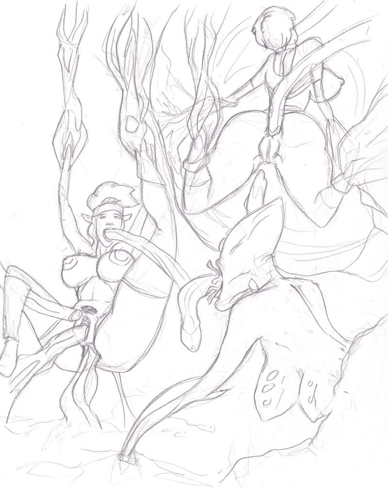 3girls ahmenus alien anal ass bondage breasts cave female male monochrome multiple_females multiple_girls nipples pirate pussy rule34 sex sketch slime suspension tentacle trap