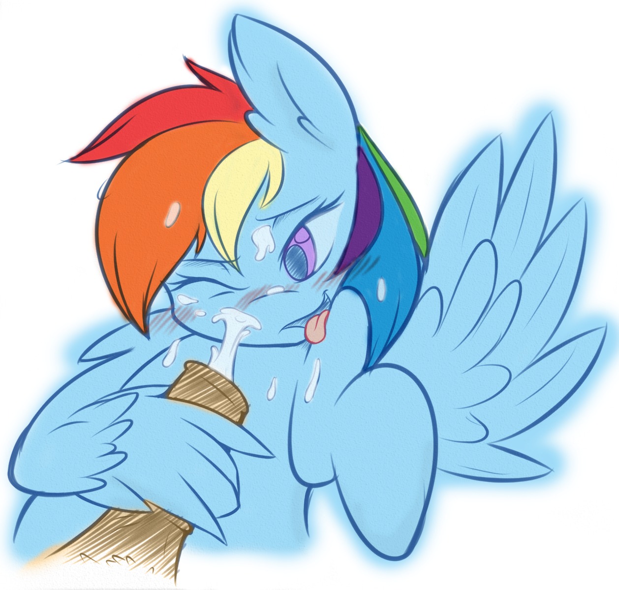 ambris animal_genitalia animal_penis blue_body blue_feathers blue_fur blush bodily_fluids cum cum_on_face disembodied_penis duo e621 equid equine equine_genitalia equine_penis erection feathered_wings feathers female female_focus feral friendship_is_magic fur genital_fluids genitals hair hasbro hi_res male male/female mammal multicolored_hair my_little_pony mythological_creature mythological_equine mythology one_eye_closed open_mouth pegasus penis rainbow_dash_(mlp) rainbow_hair simple_background solo_focus tongue tongue_out wingjob wings