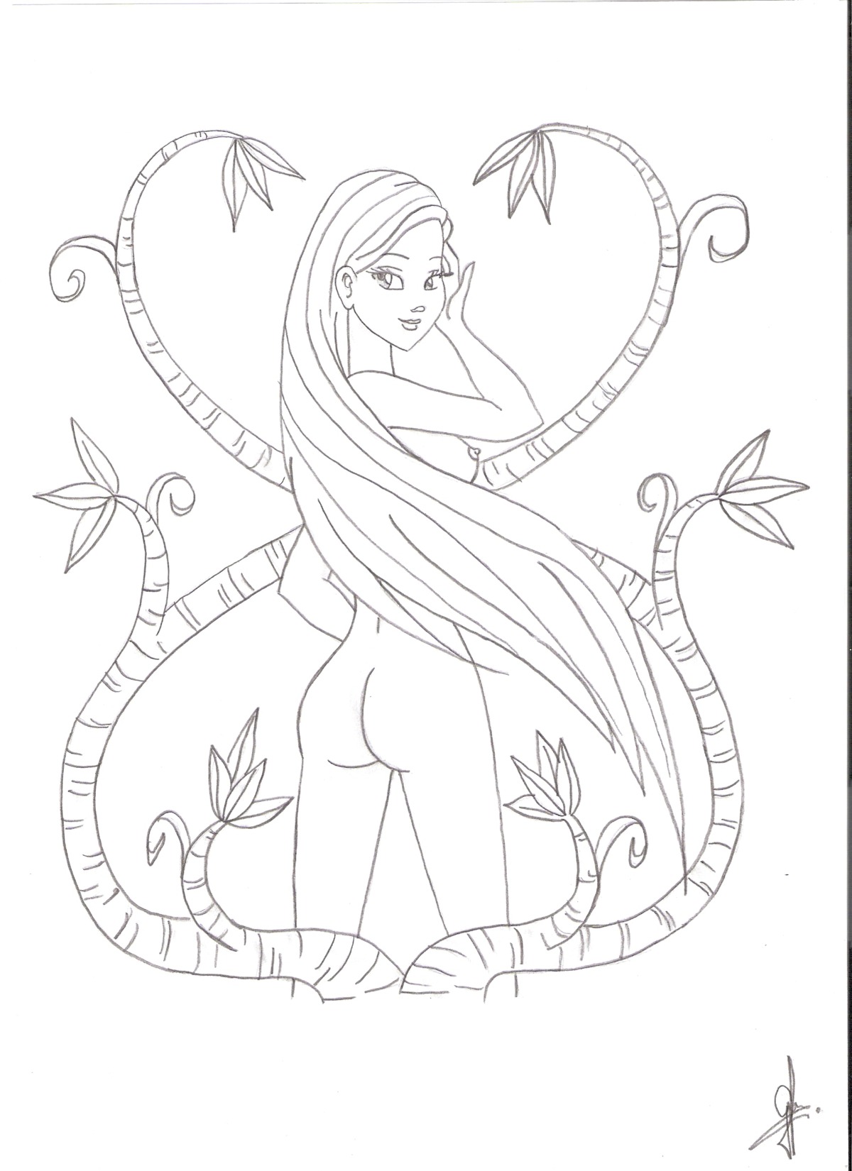ass back_view cornelia_hale female female_only human looking_back monochrome nude rule34 solo standing tagme very_long_hair w.i.t.c.h.