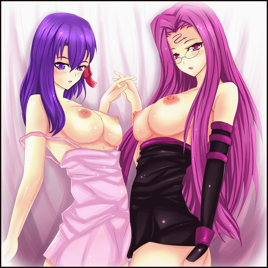 2girls breasts dress fate/stay_night fate_(series) female large_breasts long_hair medusa_(fate) multiple_females multiple_girls nipples pink_hair rule34 sakura_matou tagme topless violet_hair