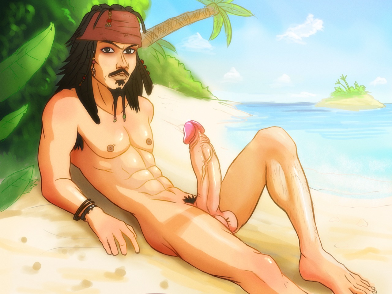 anma barefoot beach bracelet disney erection foreskin fully_retracted_foreskin jack_sparrow large_penis looking_at_viewer male male_only nude penis pirates_of_the_caribbean retracted_foreskin rule34 solo uncircumcised