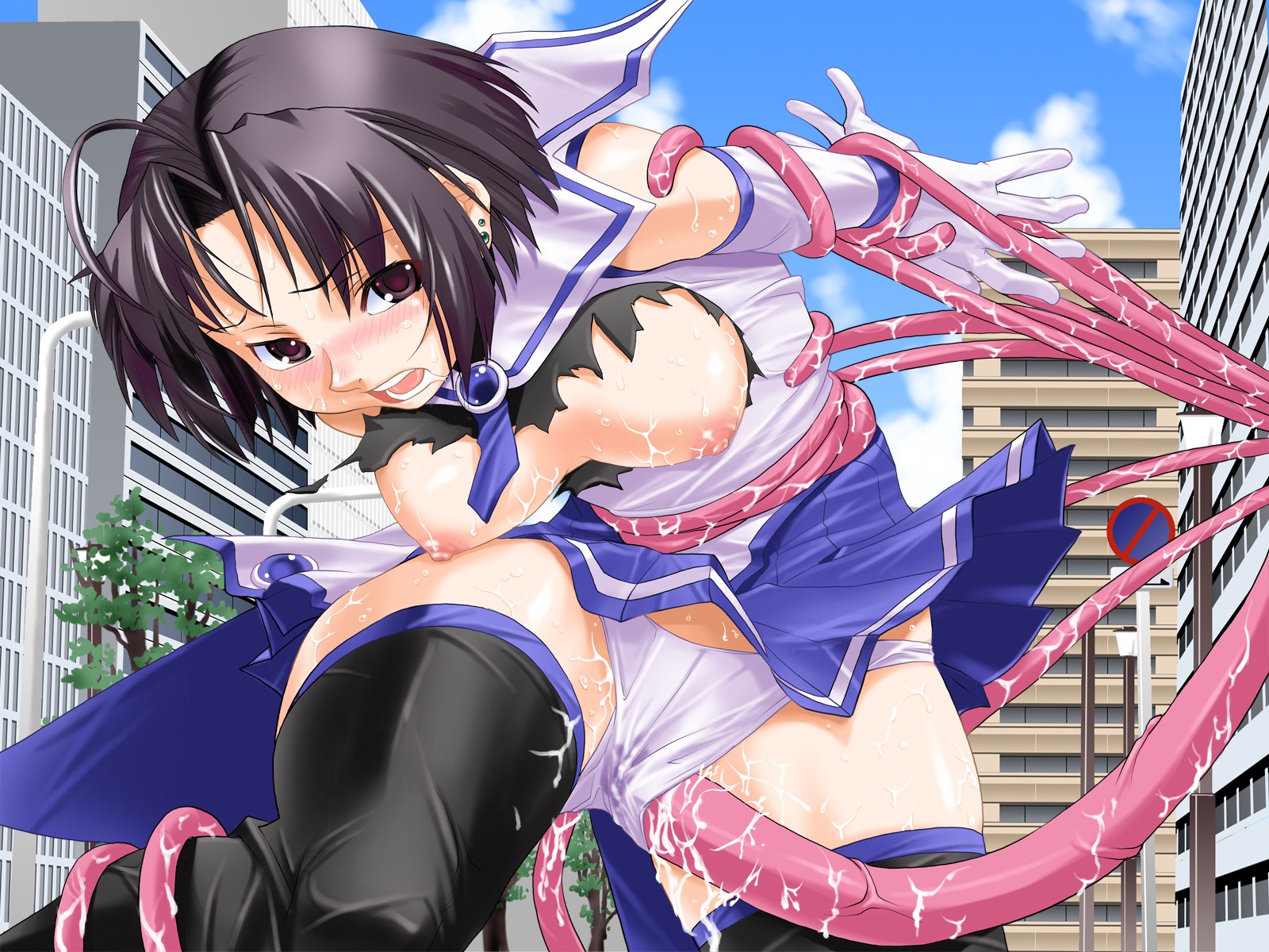 arms_behind blush cityscape cum double_penetration drool female giant nakadashi nipples oppai panties rape restrained rule34 sailor_costume slime tentacle torn_clothes