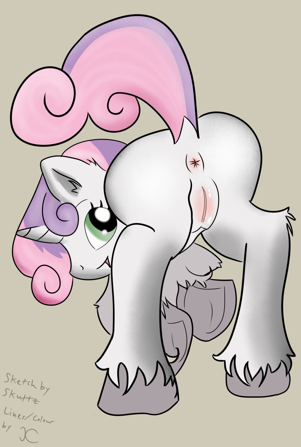 absurd_res anus anus_blush blush body_blush butt clitoris e621 equid equine female feral friendship_is_magic fur genitals green_eyes hair hasbro hi_res hooves horn inner_ear_fluff kinkycelestia loli looking_at_viewer looking_back mammal multicolored_hair my_little_pony mythological_creature mythological_equine mythology presenting raised_tail simple_background skuttz smile solo sweetie_belle_(mlp) tail tuft two_tone_hair unicorn vulva vulva_blush white_body white_fur young young_feral