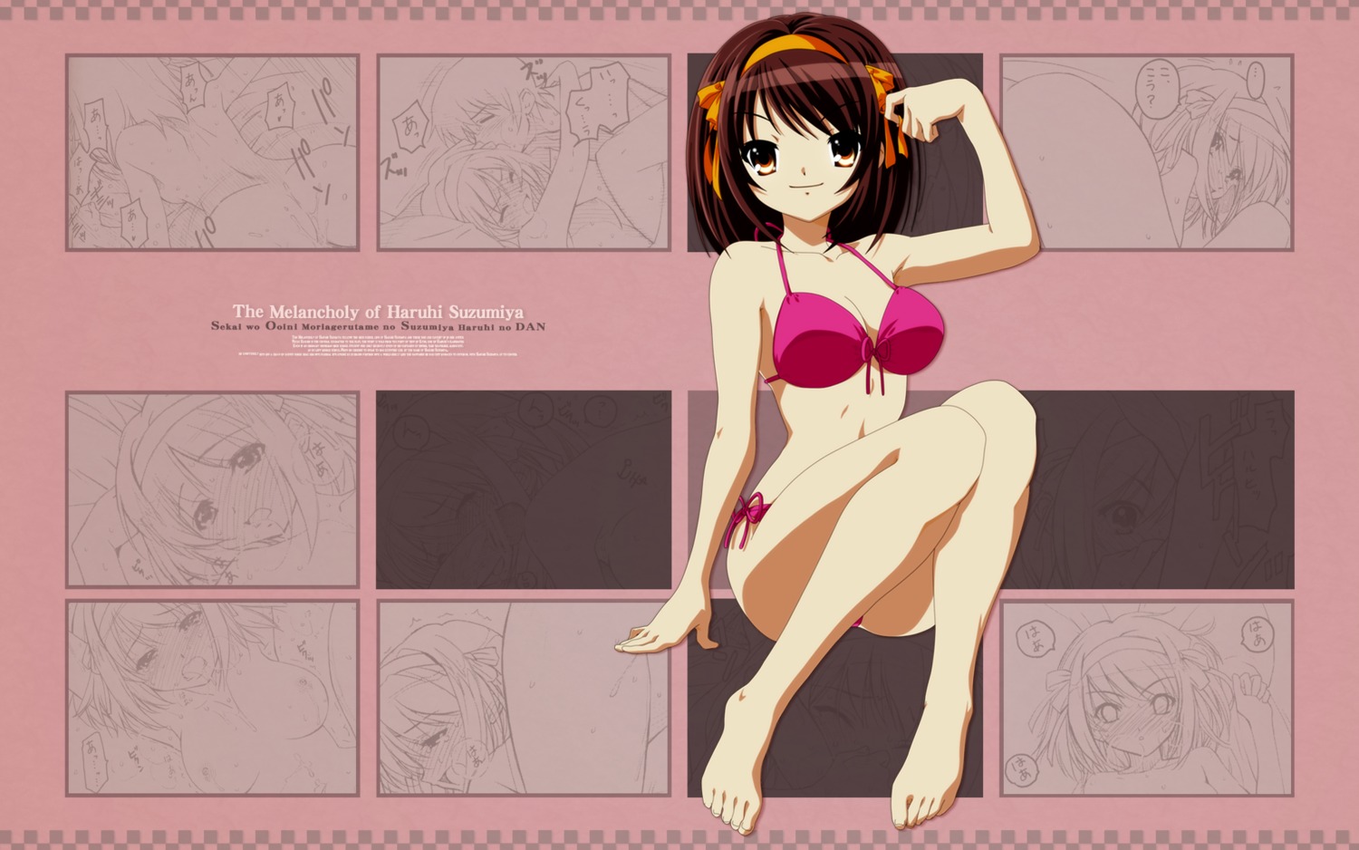 bikini black_hair breasts female female_only highres human legs official_art rule34 short_hair small_breasts smile solo suzumiya_haruhi suzumiya_haruhi_no_yuuutsu swimsuit thighs
