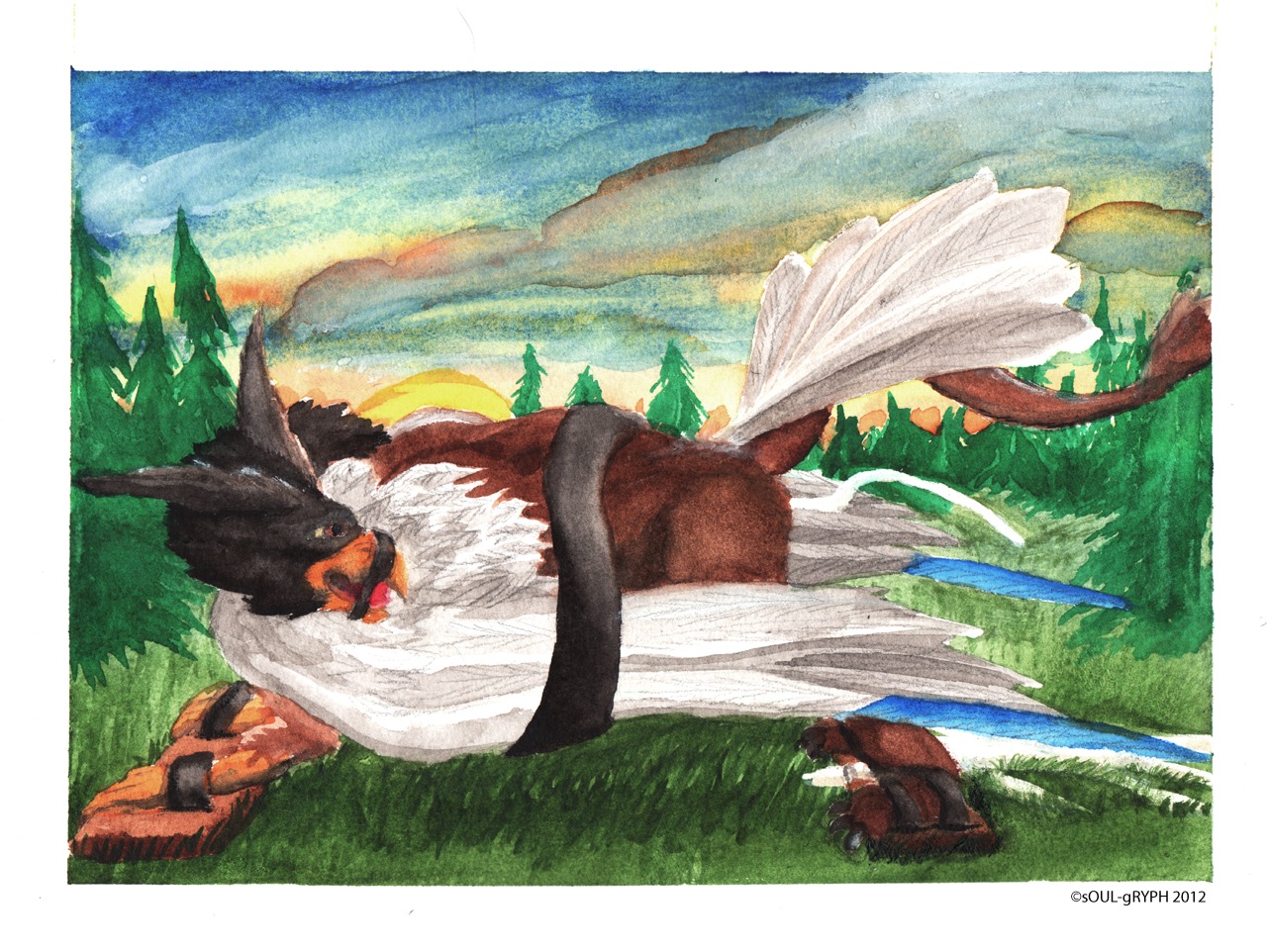2012 all_fours ambiguous_gender avian bdsm beak bodily_fluids bondage border bound cloud cum detailed_background e621 feathered_wings feathers feral forest genital_fluids grass gryphon muzzle_(object) muzzled mythological_avian mythological_creature mythology outside painting_(artwork) plant scenery side_view solo soulgryph sunset tail tied_down traditional_media_(artwork) traditional_painting_(artwork) traditional_watercolor_(artwork) tree watercolor_(artwork) white_body white_border white_feathers wings wood