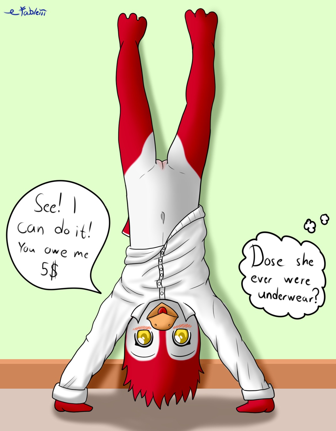 anthro avian beak bet biped bird breasts challenge_bet clothing currency_amount currency_symbol dialogue dollar_sign e621 english_text exposed extended_arms fableiii female front_view genitals handstand hi_res inner_monologue legs_in_air loli looking_at_viewer money money_bet non-mammal_breasts number offscreen_character shirt small_breasts solo speech_bubble spread_arms stated_currency_amount straight_legs symbol text thinking thought_bubble topwear vulva young young_anthro