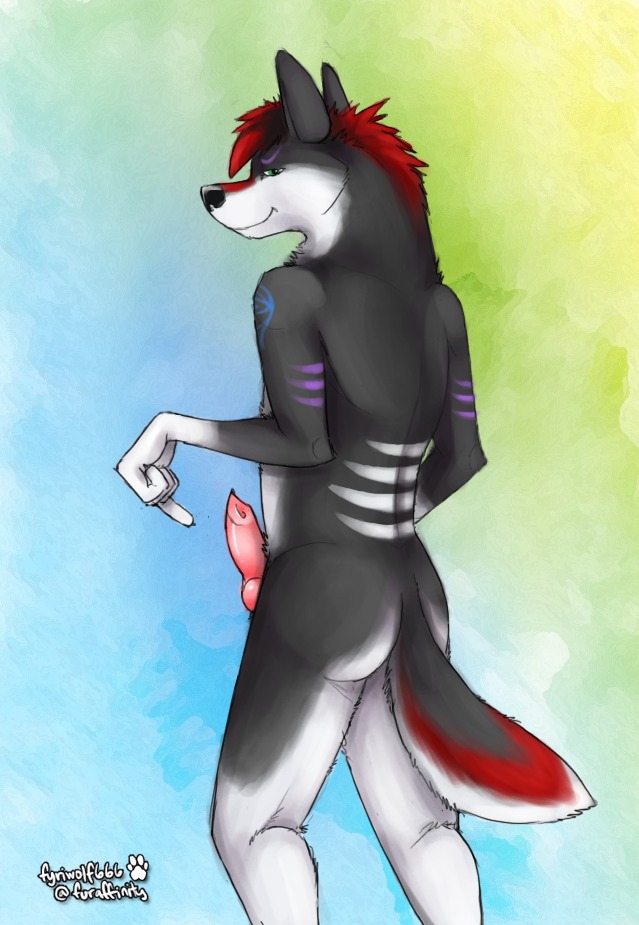 2013 abstract_background animal_genitalia animal_penis anthro biped canid canine canine_genitalia canine_penis canis e621 erection fur fyriwolf666 genitals gesture grey_body grey_fur hair hand_gesture knot looking_at_viewer looking_back male mammal nude penis pointing pointing_at_penis pointing_at_self red_hair simple_background solo standing tail wolf