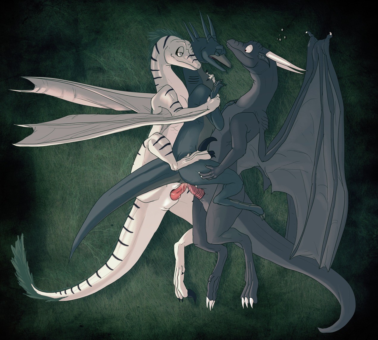 2010 anal anal_sex ass black_eyes closed_eyes cum cum_in_ass cum_inside double_anal dragon drakawa feral furry furry_only gay grey_eyes horns male no_humans penetration penis rule34 sex slash0x tail threesome whiro wings