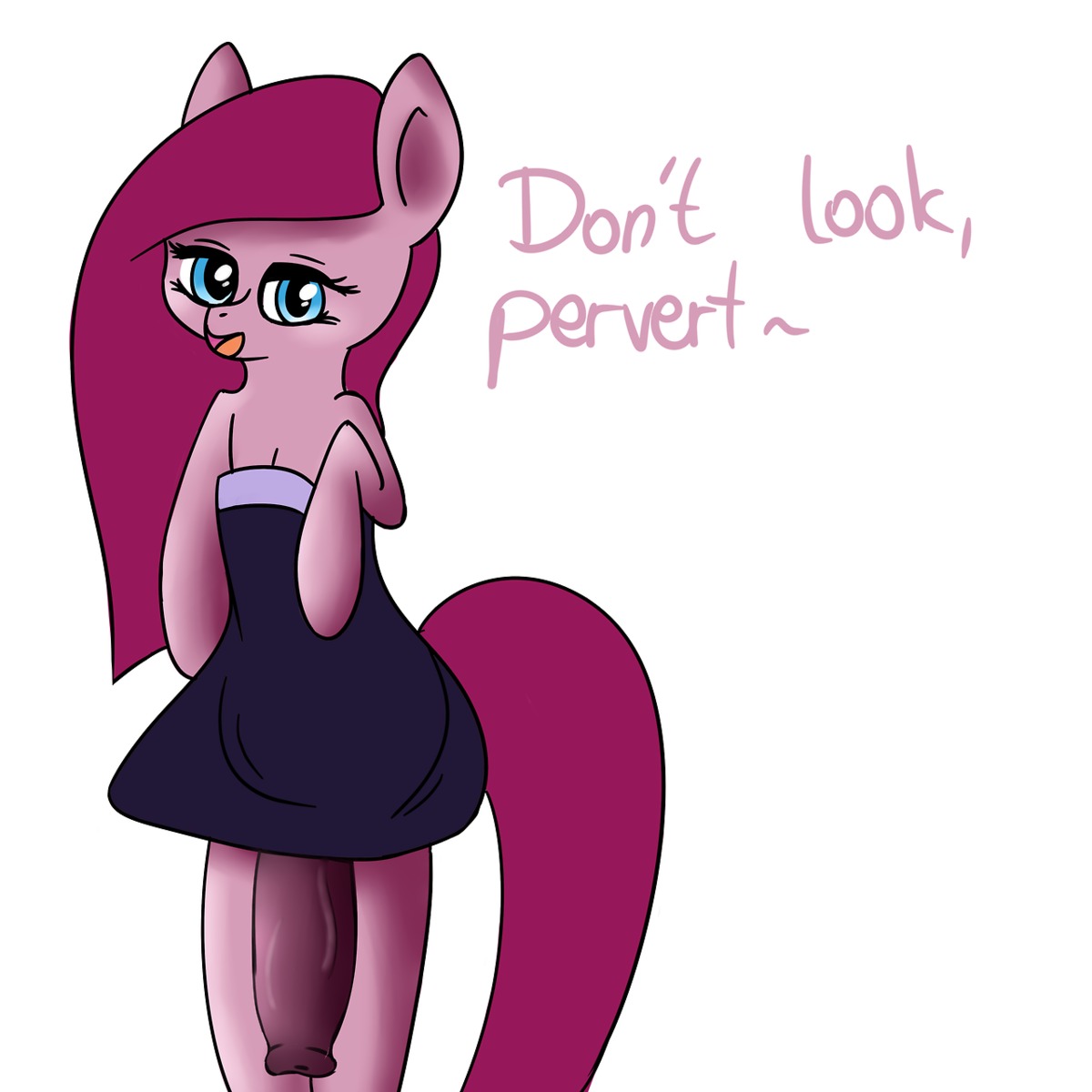 1:1 2014 anthro big_penis biped blue_eyes clothing dialogue dress e621 earth_pony english_text equid equine friendship_is_magic fur genitals gynomorph hair half-erect hasbro hi_res horse intersex long_hair looking_at_viewer mammal my_little_pony penis pink_body pink_fur pink_hair pinkamena_(mlp) pinkie_pie_(mlp) pony simple_background solo source_request standing text vein verminshy white_background