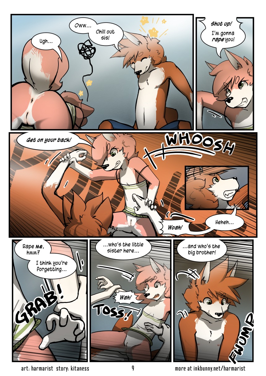 akita angry anthro anus arm_grab bottomless bottomwear breasts brother_(lore) brother_and_sister_(lore) camisole camisole_only canid canine canis clothed clothing comic domestic_dog duo e621 english_text fangs female fur genitals green_camisole green_clothing green_underwear harmarist hi_res in_heat kaoru_(kitaness) male mammal multiple_scenes nipples off_shoulder ohio_heat pain_stars pinned raised_tail rape_threats ruffled_camisole ruffled_underwear shirt shorts sibling_(lore) sister_(lore) small_breasts spitz star tail tank_top teeth text topless topwear underwear url vulva yoko_(kitaness) young young_anthro young_female young_male