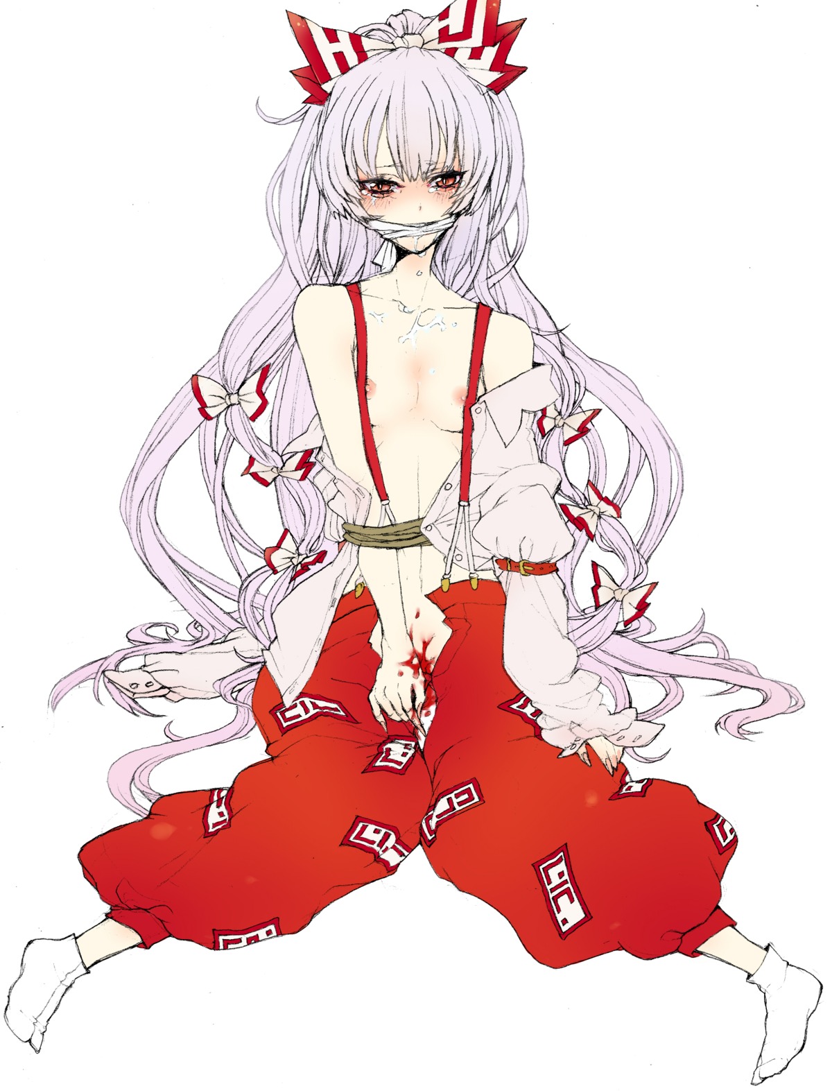 1girls bare_shoulders blood bow breasts clothing collarbone dress_shirt female fujiwara_no_mokou gagged hairbow high_resolution long_hair long_sleeves menophilia menstruation nipples off_shoulder open_clothes open_pants open_shirt pants period_blood red_eyes rough rule34 saliva shirt solo suspenders tabi tear touhou very_long_hair virgin white_hair yutsumoe