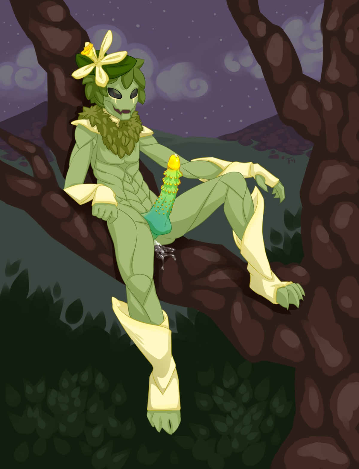 2014 absurd_res balls big_penis black_eyes bodily_fluids chucklefish cum digital_media_(artwork) dragonfu e621 elemental_creature elemental_humanoid erection flora_fauna floran flower genital_fluids genitals green_body green_skin hi_res humanoid male mille-feuille nude penis plant plant_humanoid precum shaded sharp_teeth sitting smile solo starbound teeth tree