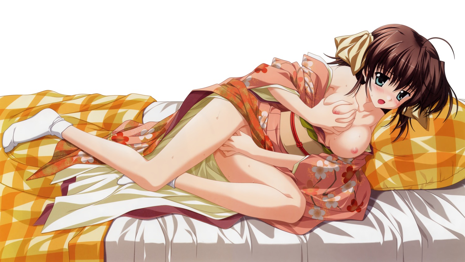 breast_grab breasts brown_hair ef ef_a_fairy_tale_of_the_two female japanese_clothes masturbation miyamura_miyako nanao_naru nipples nopan pussy pussy_juice rule34 yukata
