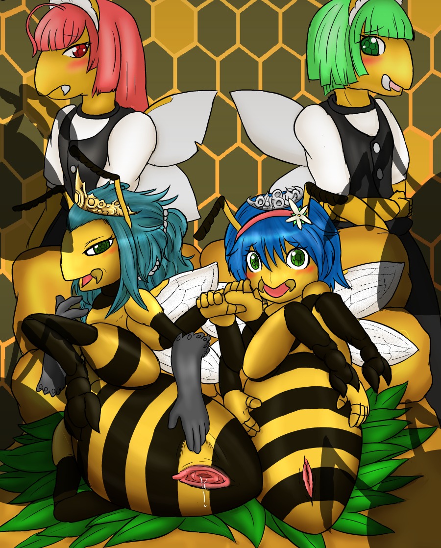 2014 anthro armwear arthropod bee blue_hair blush bodily_fluids clothed clothing crown duo_focus e621 elbow_gloves female fid genital_fluids genitals gloves green_eyes green_hair group hair half-closed_eyes handwear headgear hymenopteran insect insect_wings long_hair lying maid_uniform narrowed_eyes princess queen red_hair royalty short_hair uniform vaginal_fluids vulva wings