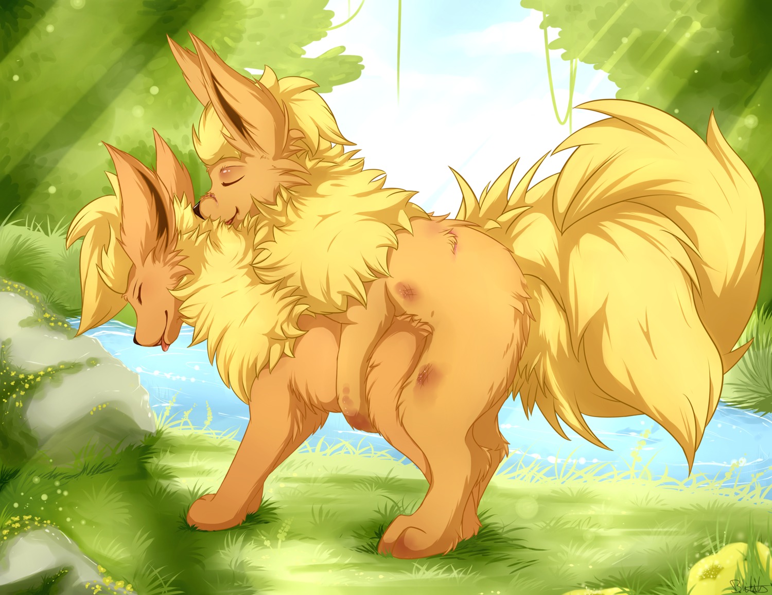 2011 all_fours black_nose blackfury blonde_hair bruised chest_tuft detailed_background dirty doggystyle duo e621 eeveelution eyes_closed female feral feral_on_feral flareon from_behind_position fur generation_1_pokemon hair hi_res licking long_ears male male/female nature nintendo orange_body orange_fur outside plant pokemon pokemon_(species) quadruped scar sex side_view sky tail tongue tongue_out tree tuft wallpaper water wood