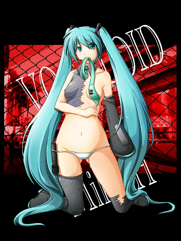 1girl aqua_eyes aqua_hair breasts detached_sleeves female hatsune_miku kneeling long_hair lowleg lowleg_panties mouth_hold navel necktie panties rule34 solo tagme thighhighs torn_clothes twintails underwear very_long_hair vocaloid