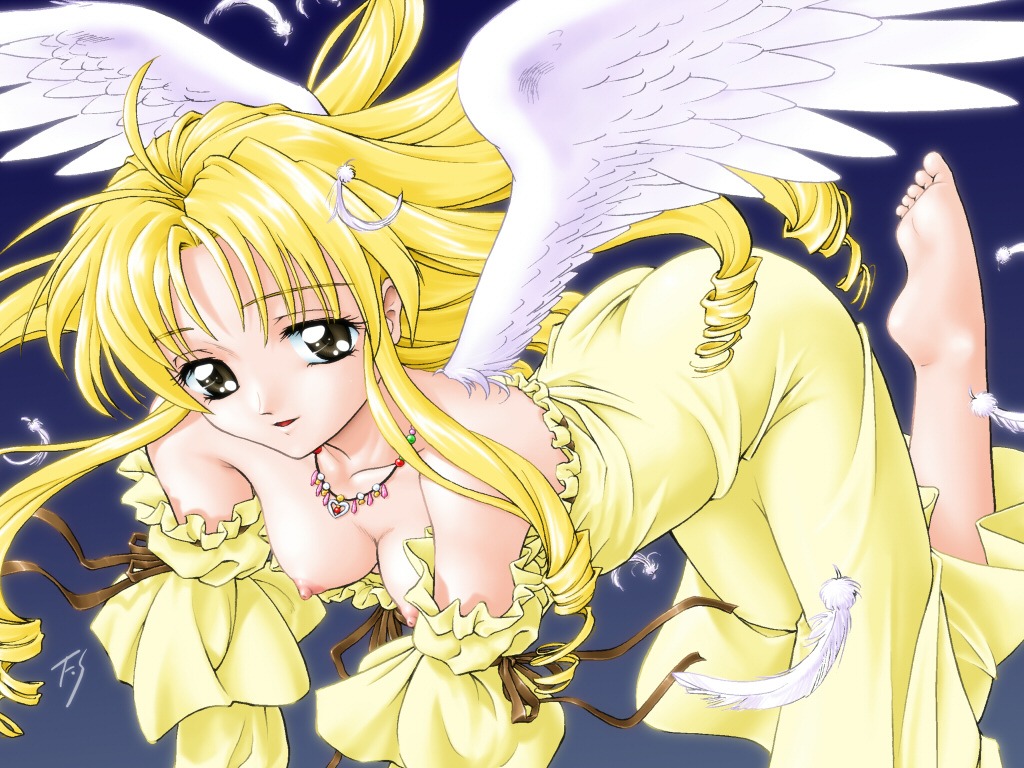 angel anus barefoot black_eyes blonde_hair breasts clothing dress erect_nipples feathers feet female fuji_shinobu full_moon full_moon_o_sagashite full_moon_wo_sagashite fullmoon_(full_moon_wo_sagashite) jewelry kouyama_mitsuki long_hair mitsuki_koyama necklace nipples rule34 signature studio_implant wings