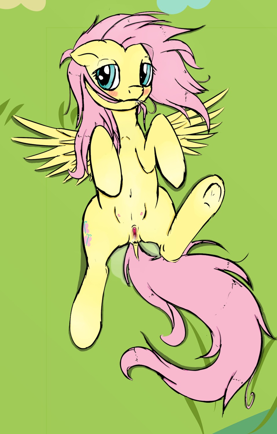 2013 blue_eyes blush cutie_mark e621 equid equine feathered_wings feathers female feral fluttershy_(mlp) friendship_is_magic fur genitals hair hasbro hi_res hieronymuswhite lying mammal my_little_pony mythological_creature mythological_equine mythology on_back pegasus pink_hair solo teats vulva wings yellow_body yellow_feathers yellow_fur
