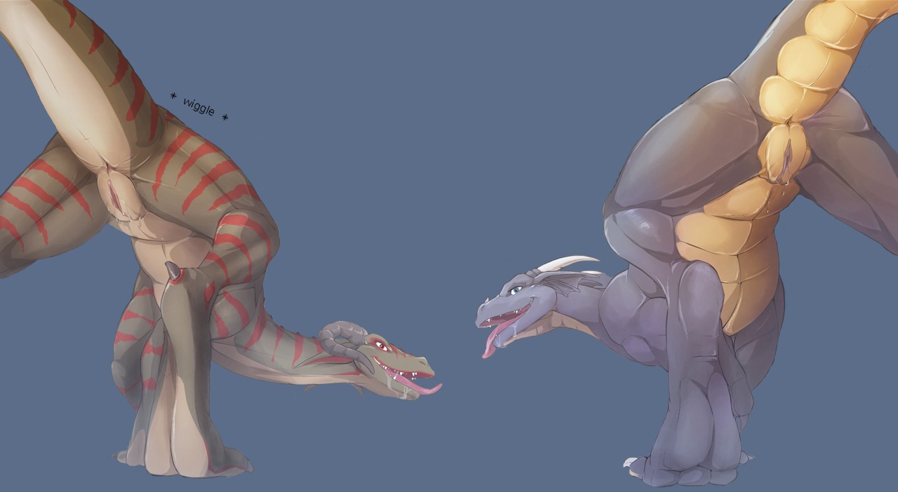anus bodily_fluids butt claws digital_media_(artwork) digitigrade duo e621 feet female feral genitals hindpaw horn looking_at_viewer nude open_mouth paws presenting presenting_hindquarters saliva scalie simple_background tail third-party_edit twinkle-sez vulva
