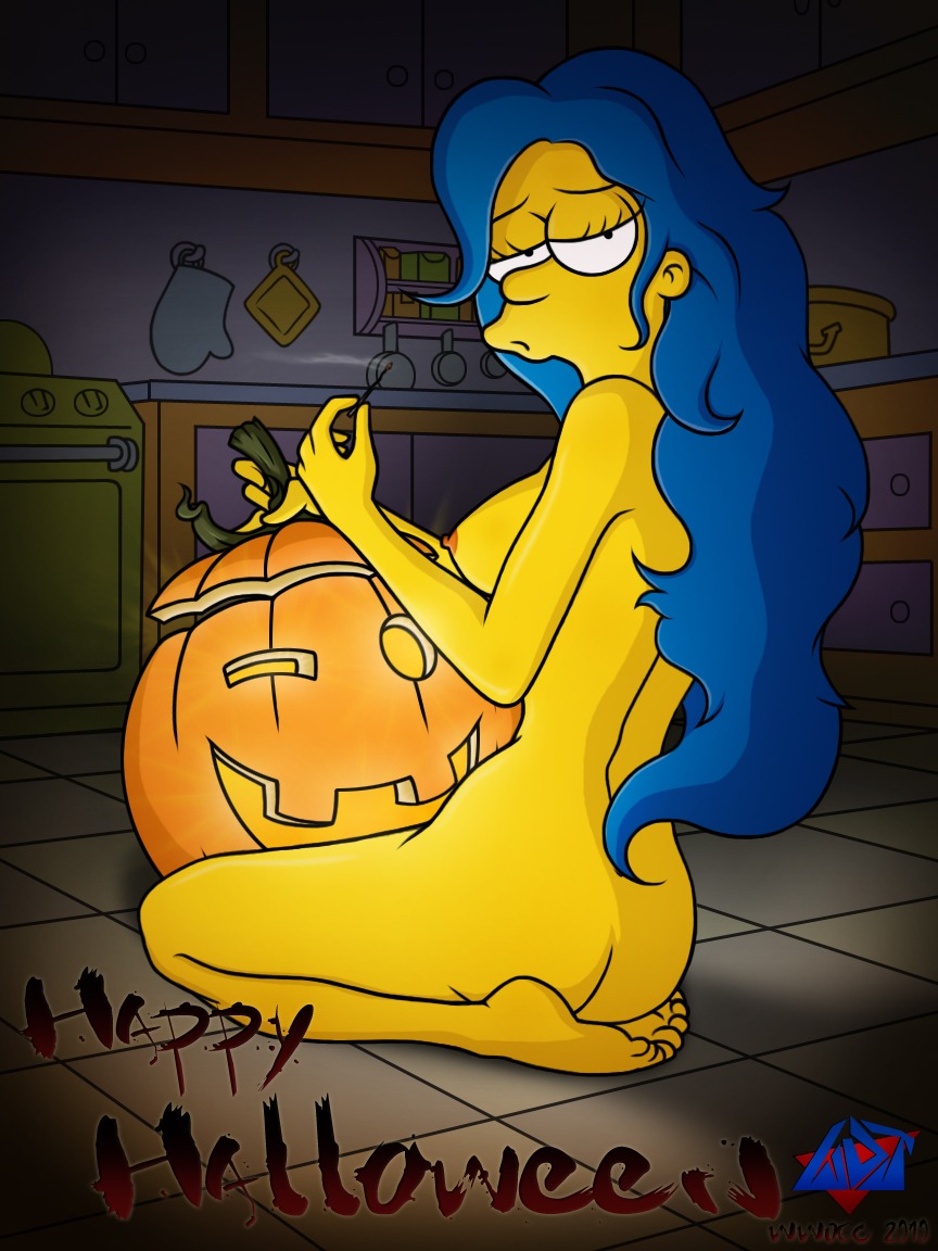 20th_century_studios accurate_art_style ass breasts color female female_only hair_down halloween human indoors jack-o'-lantern marge_simpson nipples nude pumpkin rule34 sitting solo tagme the_simpsons wdj yellow_body yellow_skin