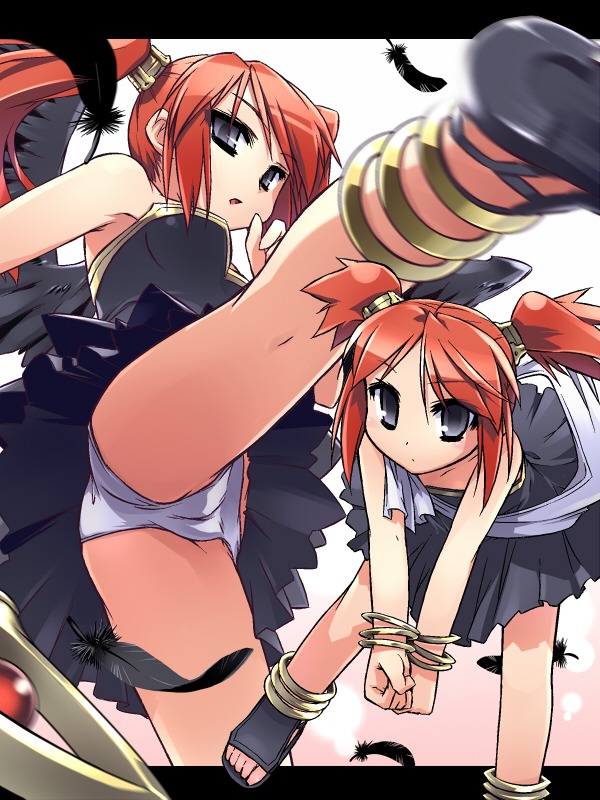black_eyes bracelet cameltoe eris_(glory_of_heracles) feathers female glory_of_heracles grey_eyes high_kick jewelry kick kicking panties pantyshot pussy red_hair rule34 sandals short_hair short_twintails staff tied_hair tomoshibi_hidekazu twintails underwear upskirt