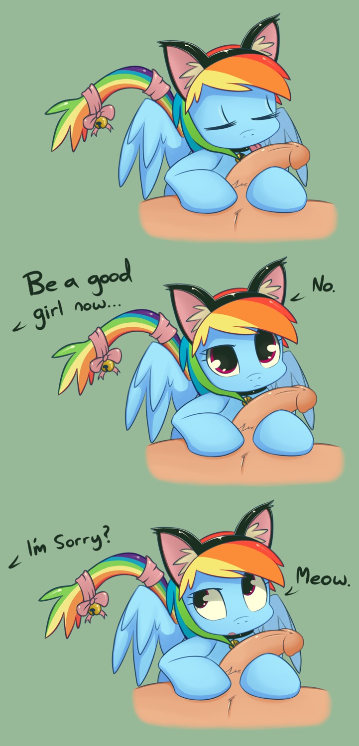 2012 absurd_res bdsm bell bestiality blue_body blue_feathers blue_fur collar comic dialogue duo e621 english_text equid equine erection eyes_closed fake_cat_ears fake_ears feathered_wings feathers fellatio female feral first_person_view friendship_is_magic fur genitals good_girl grumblepluck hair hasbro hi_res human human_on_feral interspecies kittyplay licking looking_at_viewer male male/female mammal multicolored_hair multicolored_tail my_little_pony mythological_creature mythological_equine mythology oral pegasus penile penis penis_lick pet_praise petplay praise purple_eyes rainbow_dash_(mlp) rainbow_hair rainbow_tail ribbons roleplay sex simple_background slave submissive tail text tongue tongue_out wings