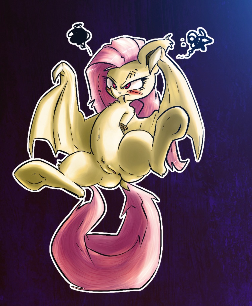 2014 angry atryl bat_pony bat_wings blush bound chest_tuft colored digital_media_(artwork) e621 equid fangs female feral flutterbat_(mlp) fluttershy_(mlp) friendship_is_magic fur genitals hair hands_behind_back hasbro hybrid long_hair mammal membrane_(anatomy) membranous_wings my_little_pony pink_hair red_eyes rope sharp_teeth solo spread_legs spreading submissive submissive_female teeth tuft vulva wings yellow_body yellow_fur