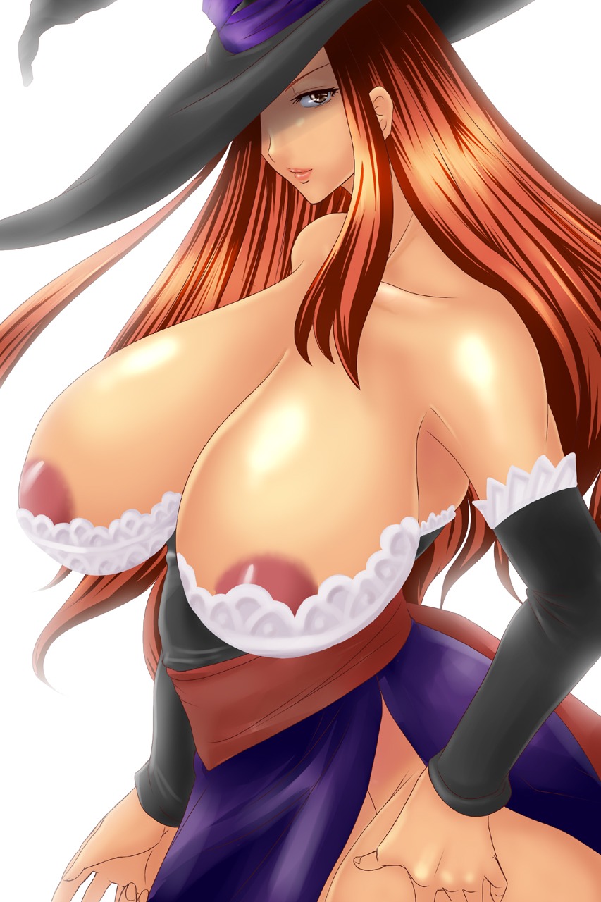 breasts brown_eyes brown_hair dragon's_crown female hat highres huge_breasts nipples rule34 solo sorceress_(dragon's_crown) witch_hat