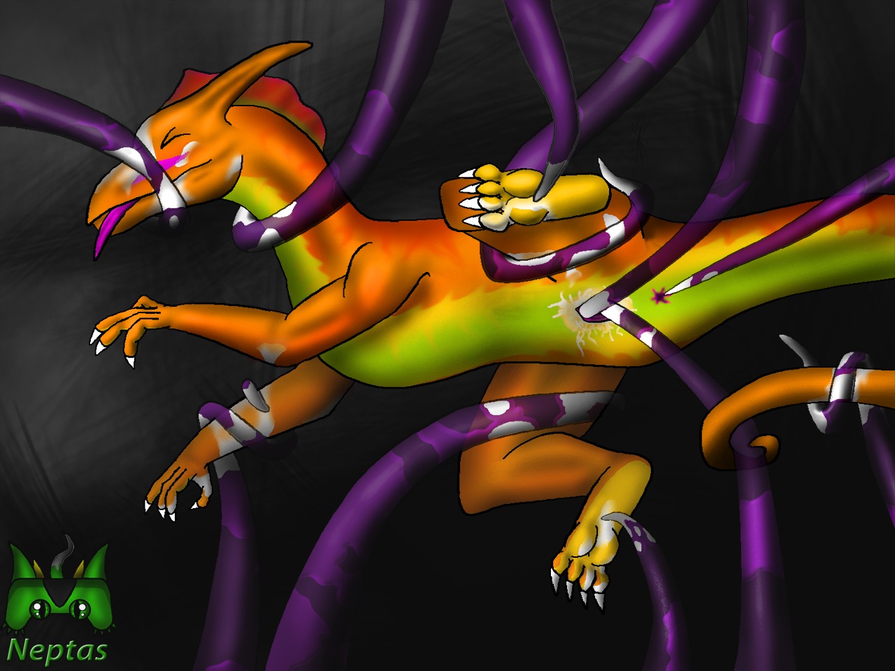 2012 4:3 anal anus bodily_fluids coiling cum dragon e621 eyes_closed female feral genital_fluids genitals mythological_creature mythological_scalie mythology neptas orange_body penetration restrained scalie solo tail tentacles vaginal vaginal_penetration vulva