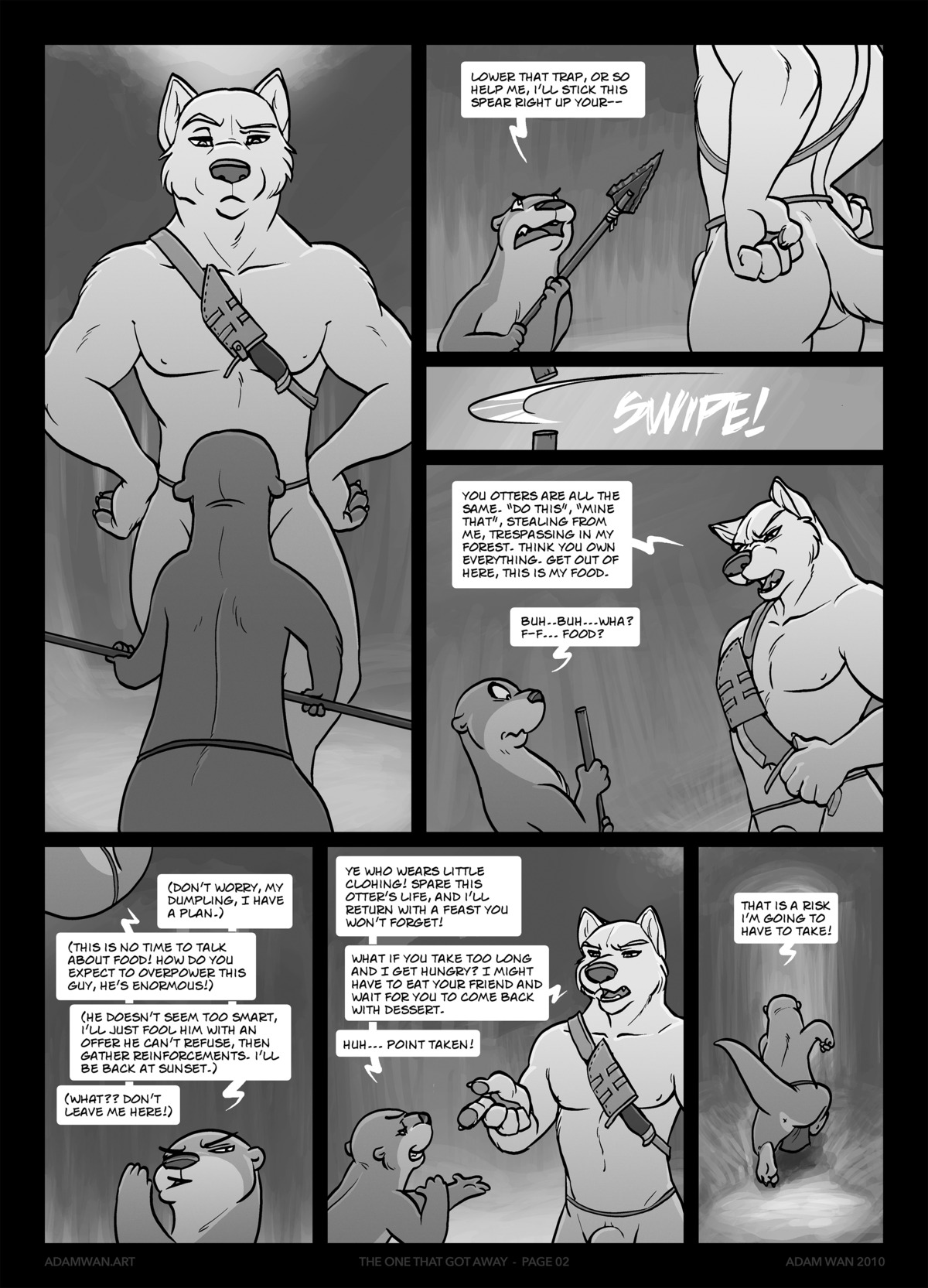 2010 3_toes 4_fingers 5_fingers absurd_res animal_genitalia anthro anus athletic athletic_anthro athletic_male barefoot bottomwear butt canid canine canis clothed clothed_anthro clothed_female clothed_male clothing comic crotch_apron dialogue digital_media_(artwork) e621 english_text fangs feet female fingers fully_sheathed fur genitals greyscale group hand_on_hip hand_on_own_hip hands_on_hips hands_on_own_hips hi_res hindpaw humanoid_hands husband_and_wife knife lily_(adam_wan) loincloth male mammal married_couple melee_weapon monochrome mostly_offscreen_character mustelid nature net nipples nude nude_anthro nude_male otter outdoor_nudity outside paws polearm ranger_wolf_(adam_wan) running running_away sheath size_difference spear standing tail teeth text the_one_that_got_away thick_tail threatening toes tongue topless topless_anthro topless_male trap_(contrivance) trapped_in_net tribal weapon wolf zaush